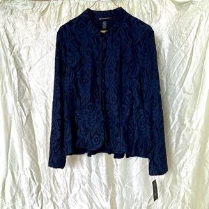 Navy lace lines blouse, misses X Large, short waisted, hook and eye closure
